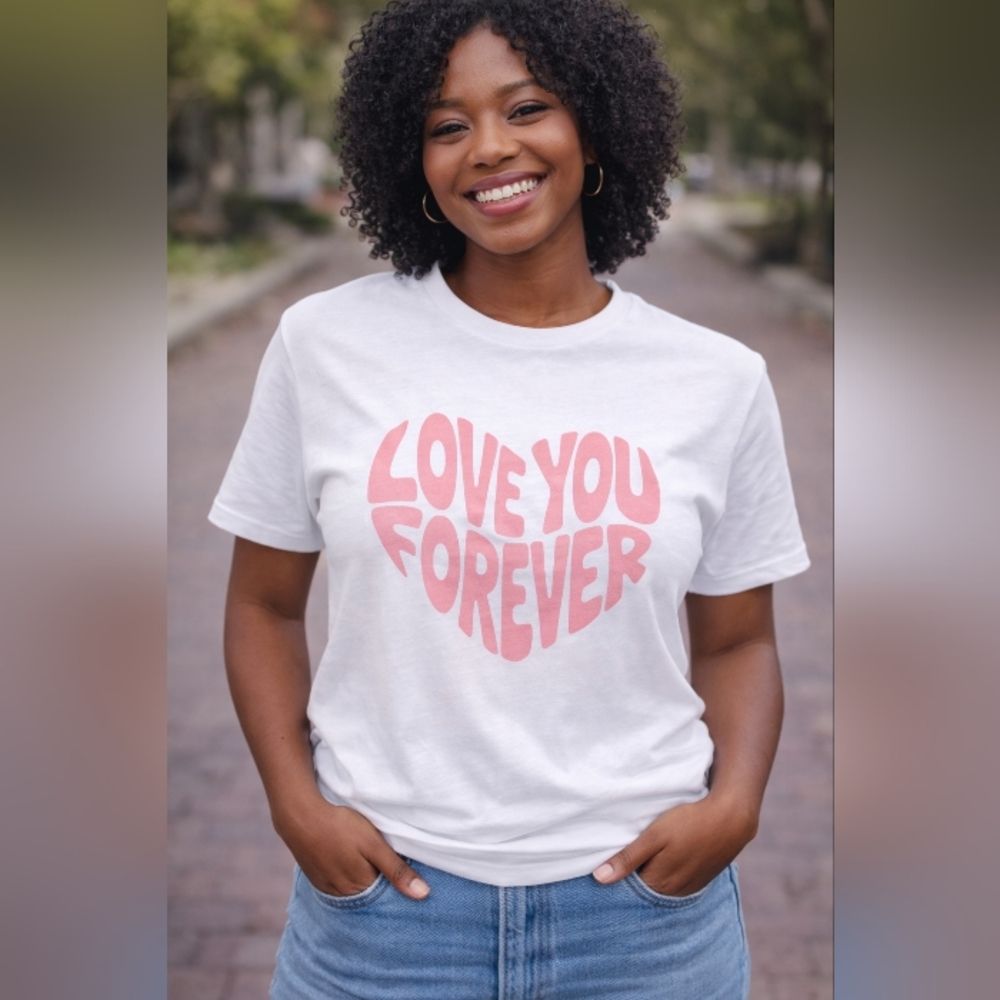 White t-shirt/blue Or Pink heart graphic with 'Love You Forever' text. S,M, Or L